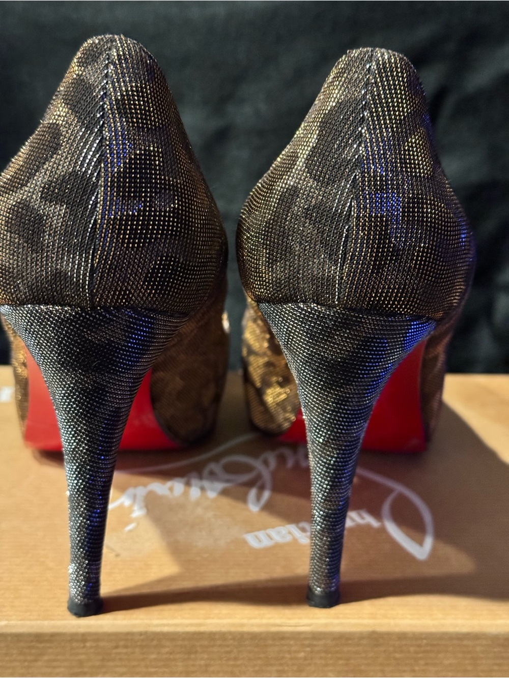 Christian Louboutin Black and Gold Leopard Print Stiletto Pumps